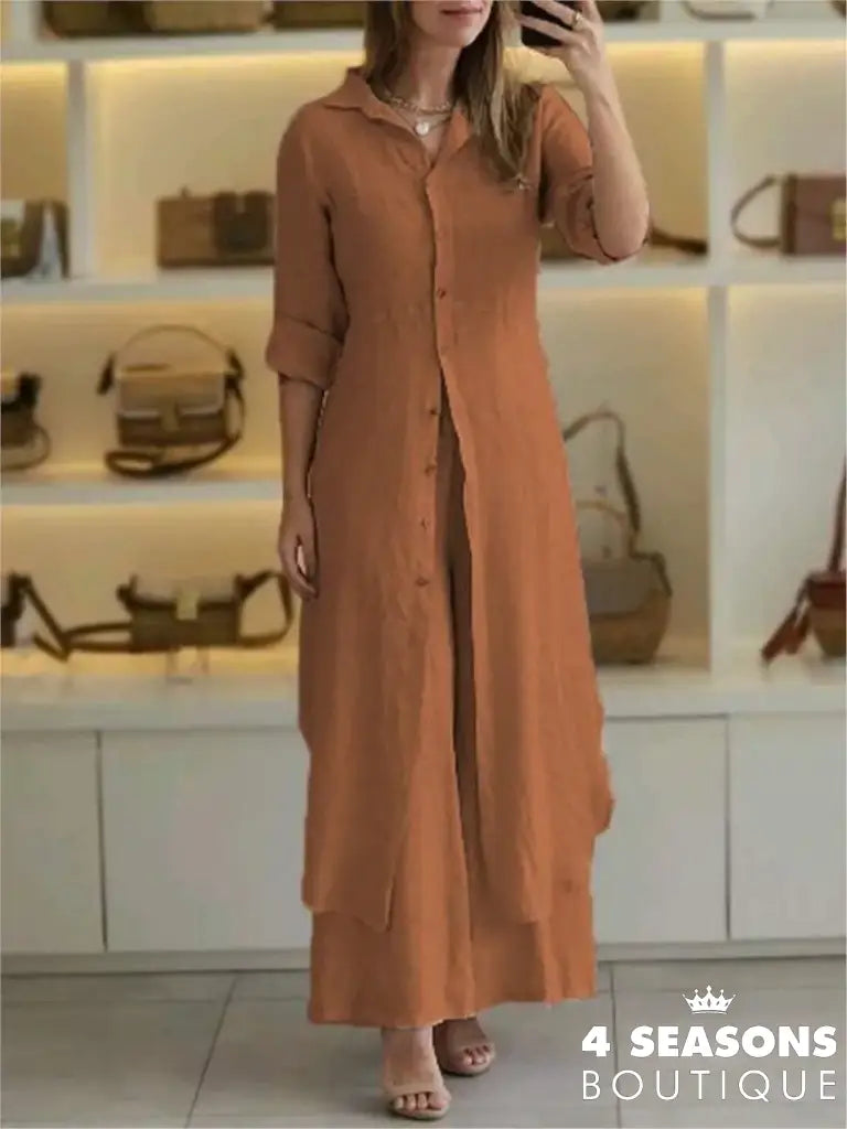 Spring Autumn Cotton Linen Loose 2 Piece Sets Casual Button Long Sleeved Women Outfit Elegant High