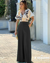 Summer Women 2 Piece Set Sexy One-Shoulder Puff-Sleeve Top Printed Pant Two-Piece Sets High