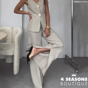 Wefads Two Piece Set Women Summer Office Simple V Neck Sleeveless Single Breasted Button Vest Top