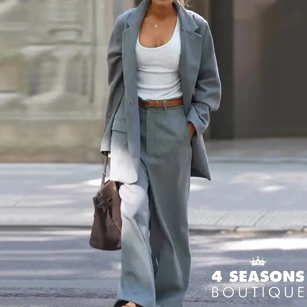 Wefads Women Two Piece Set Autumn Office Casual Long Sleeve Lapel Solid Single Button Elastic Waist