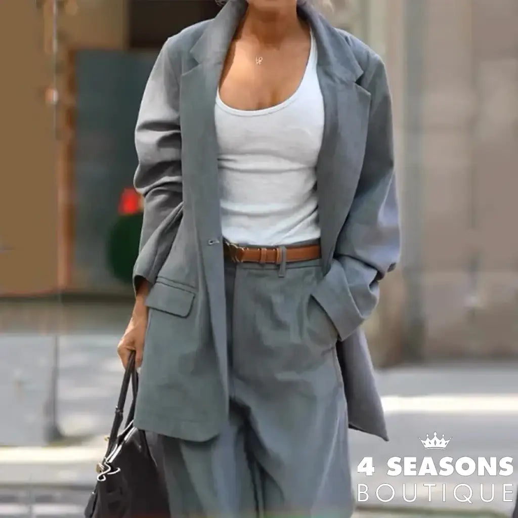 Wefads Women Two Piece Set Autumn Office Casual Long Sleeve Lapel Solid Single Button Elastic Waist
