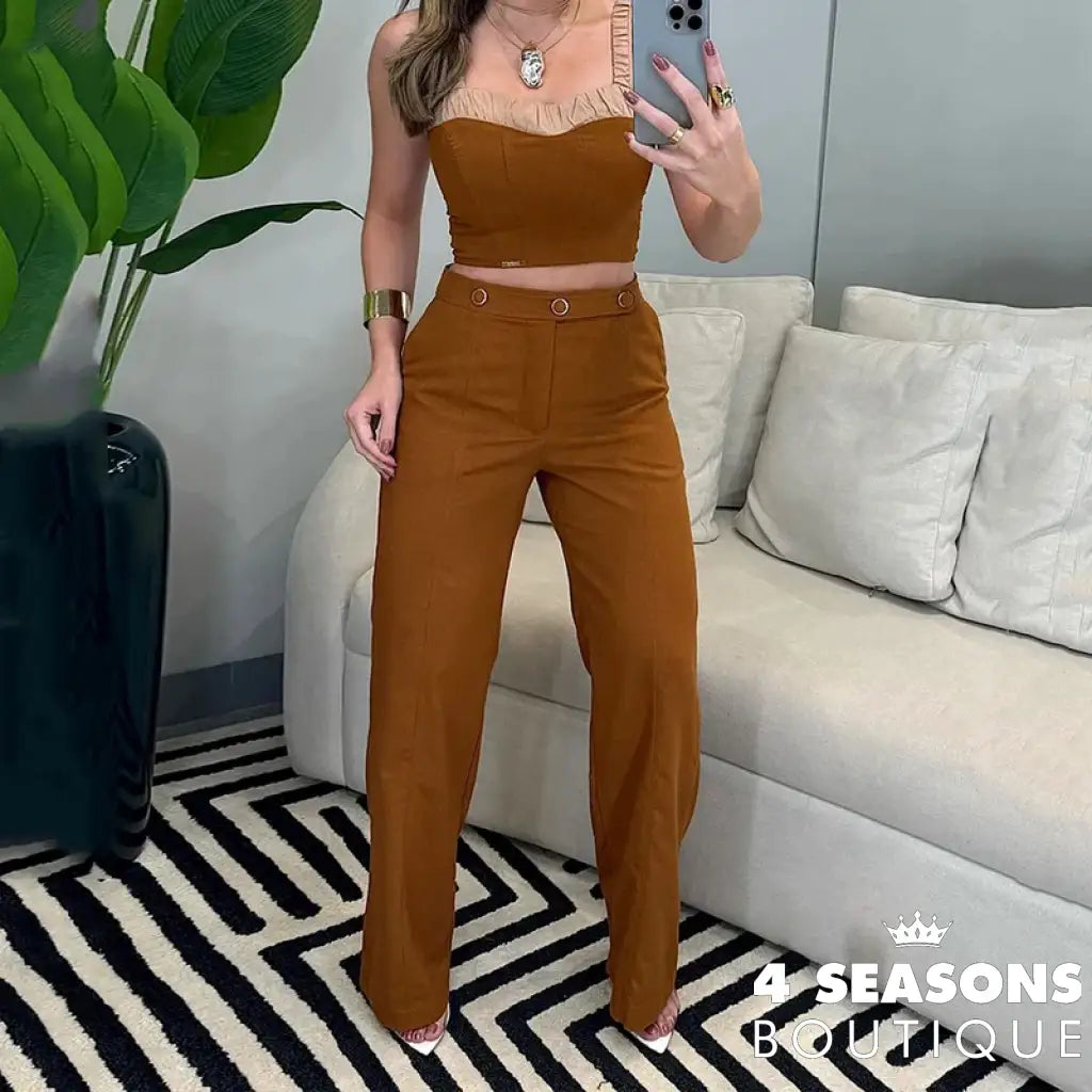 Wefads Women Two Piece Set Summer Fashion Simple V Neck Sleeveless Solid Backless High Waist Top