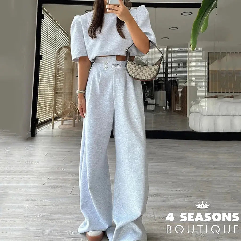 Wefads Two Piece Set Women Casual Simple Solid Short Puff Sleeve Round Neck Pullover Top Loose Wide