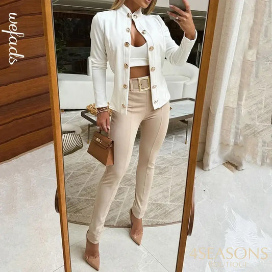 Wefads Women 2 Piece Set Autumn Office Elegant Solid Long Sleeve Round Neck Single Breasted Button