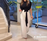 Elegant Two Piece Set For Woman Casual O-Neck Short Sleeved Loose Shirt High Waisted Lace Up