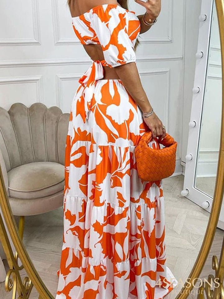 Elegant Temperament Commuter Dress Women Sexy One Word Neck Backless Hollow Long Fashion Print Short
