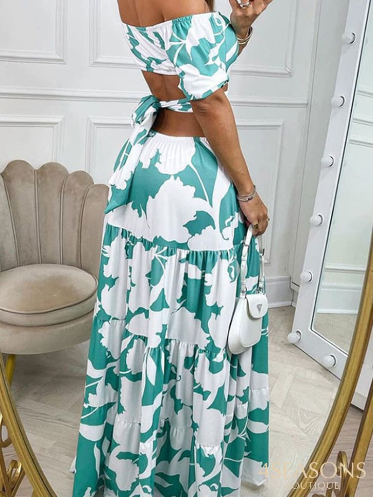 Elegant Temperament Commuter Dress Women Sexy One Word Neck Backless Hollow Long Fashion Print Short