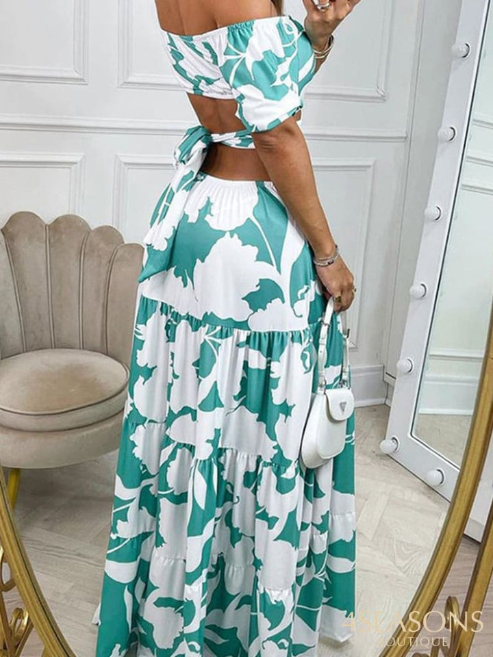 Elegant Temperament Commuter Dress Women Sexy One Word Neck Backless Hollow Long Fashion Print Short