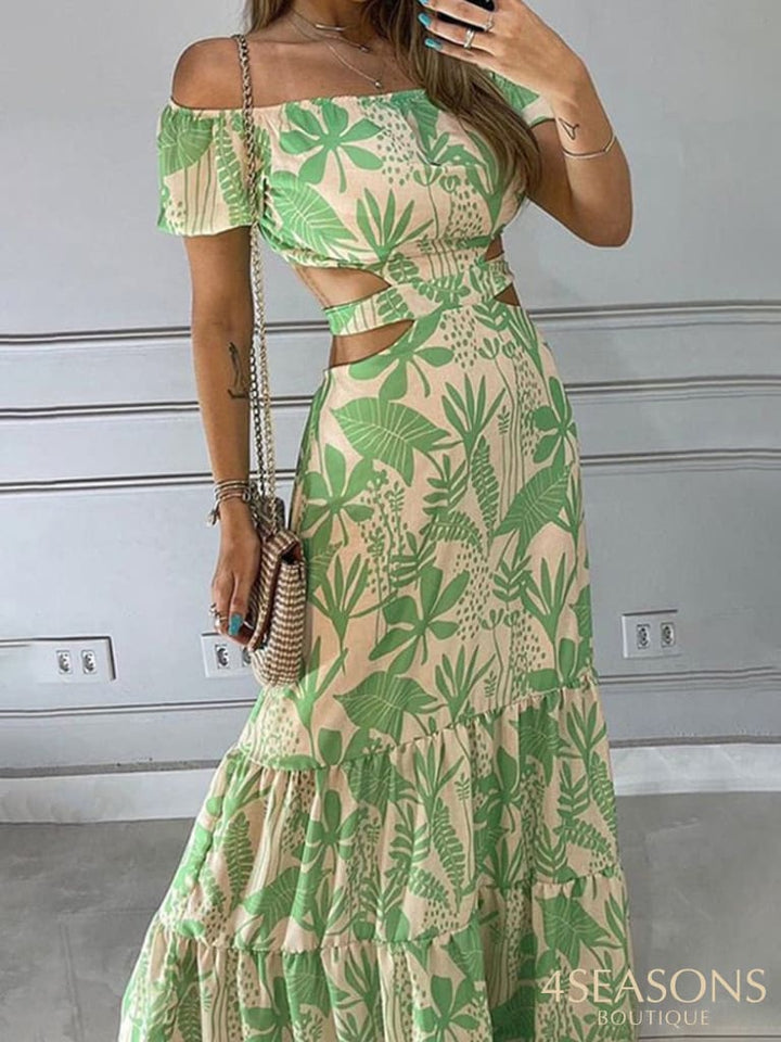 Elegant Temperament Commuter Dress Women Sexy One Word Neck Backless Hollow Long Fashion Print Short