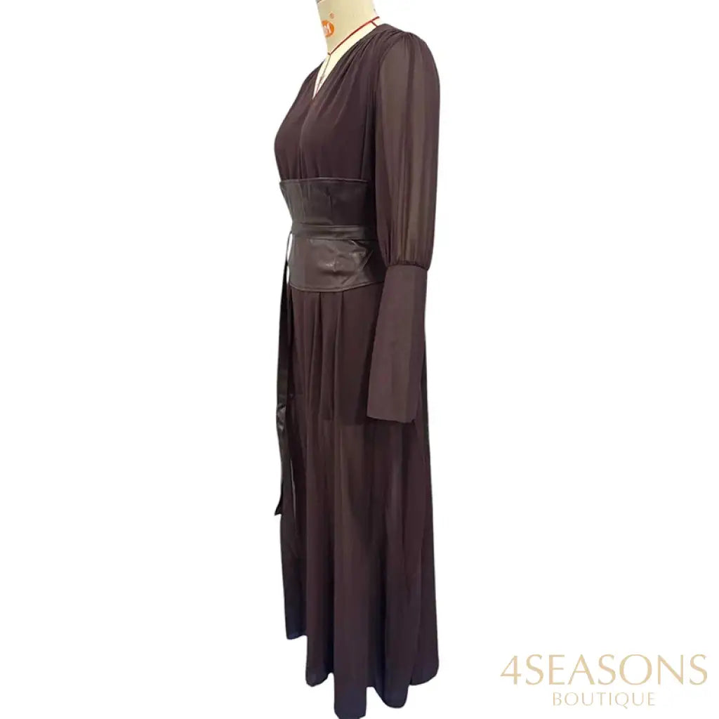 Ellafads Long Dress Women’s Clothes Elegant Fashion Solid Long Sleeve V Neck Nipped Waist Zipper Maxi Dress Streetwear