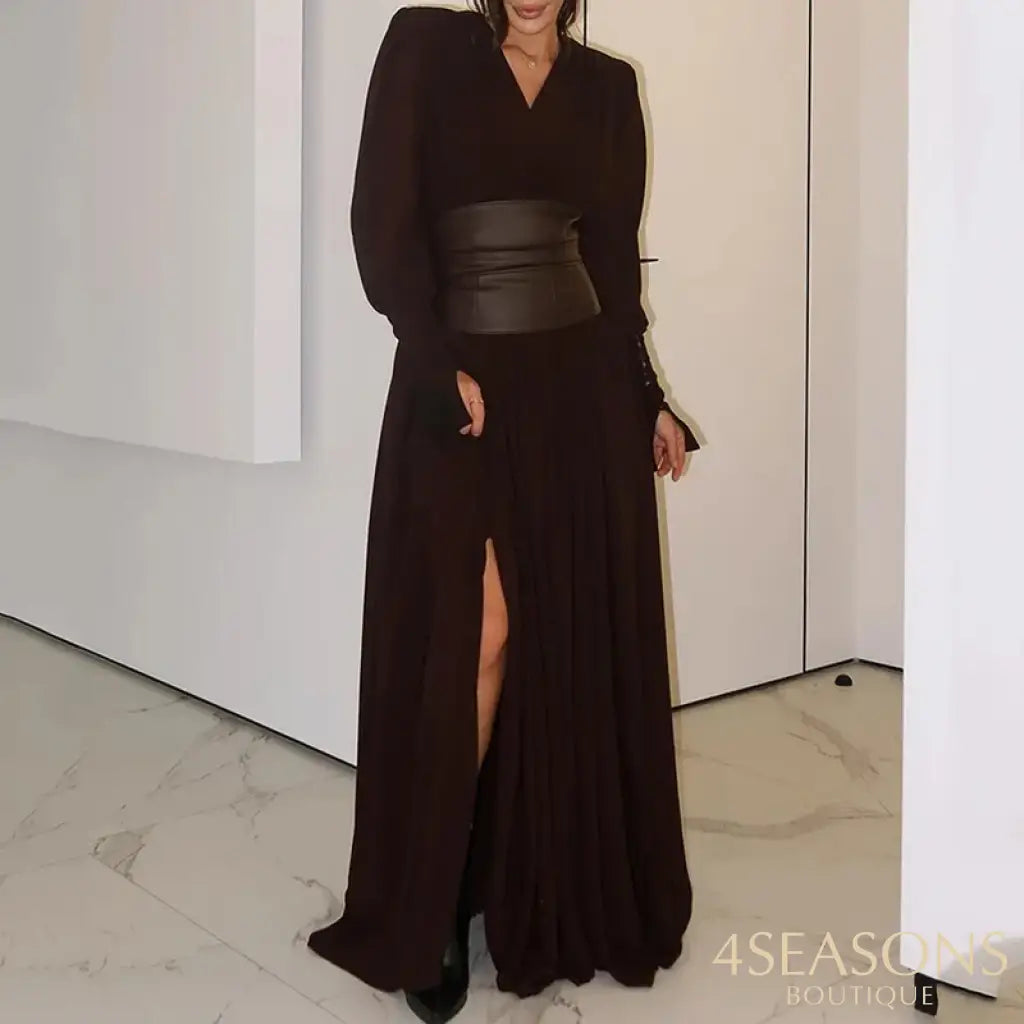 Ellafads Long Dress Women’s Clothes Elegant Fashion Solid Long Sleeve V Neck Nipped Waist Zipper Maxi Dress Streetwear