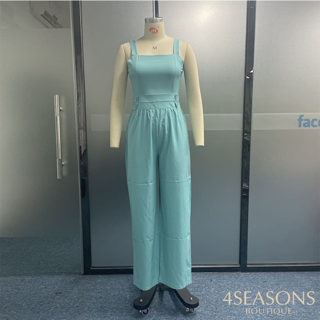 Ellafads Women Jumpsuit Summer Solid Nipped Waist Sleeveless Loose Wide Legs Pants With Pockets
