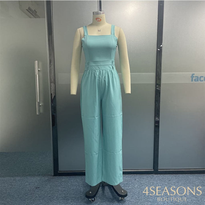 Ellafads Women Jumpsuit Summer Solid Nipped Waist Sleeveless Loose Wide Legs Pants With Pockets