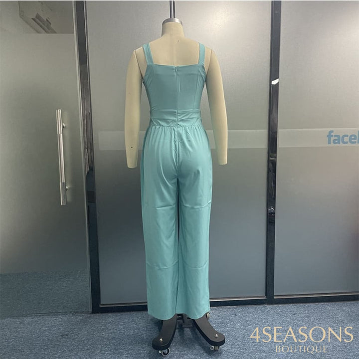 Ellafads Women Jumpsuit Summer Solid Nipped Waist Sleeveless Loose Wide Legs Pants With Pockets