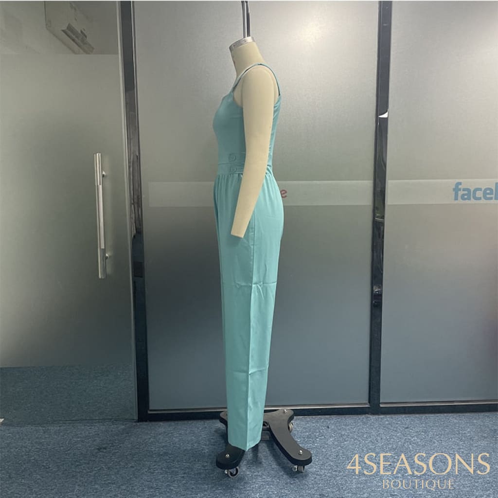 Ellafads Women Jumpsuit Summer Solid Nipped Waist Sleeveless Loose Wide Legs Pants With Pockets