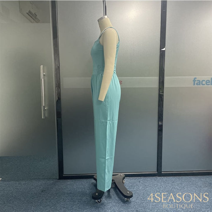 Ellafads Women Jumpsuit Summer Solid Nipped Waist Sleeveless Loose Wide Legs Pants With Pockets