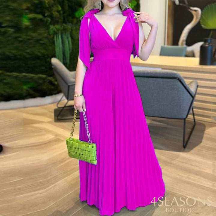 Ellafads Women Jumpsuit V Neck Sleeveless Tie Up Pleated Nipped Waist Backless Solid Sexy Fashion
