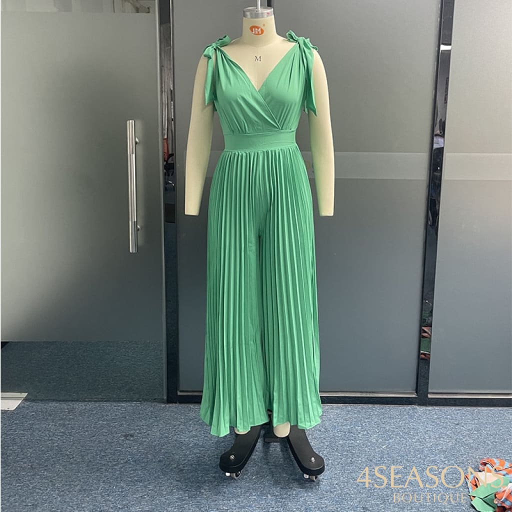 Ellafads Women Jumpsuit V Neck Sleeveless Tie Up Pleated Nipped Waist Backless Solid Sexy Fashion