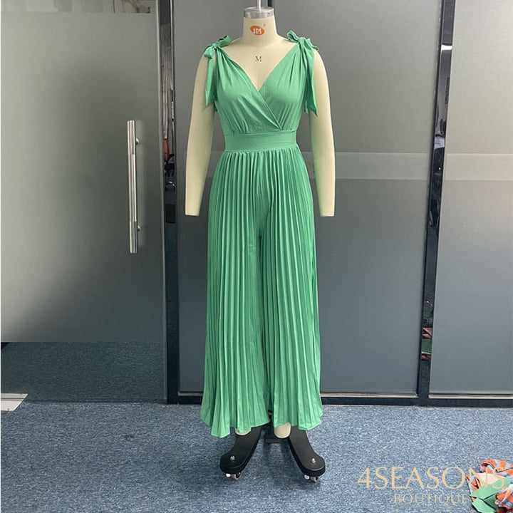 Ellafads Women Jumpsuit V Neck Sleeveless Tie Up Pleated Nipped Waist Backless Solid Sexy Fashion