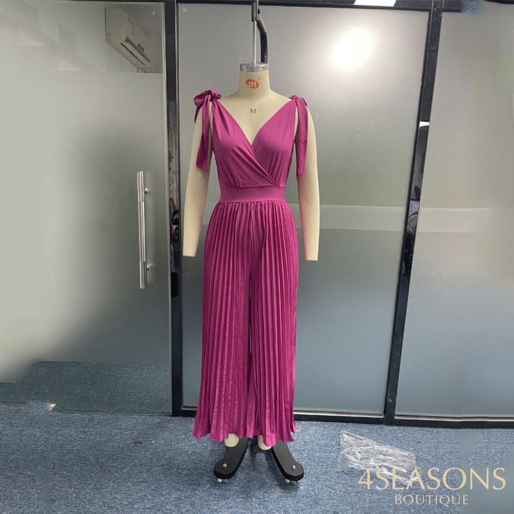 Ellafads Women Jumpsuit V Neck Sleeveless Tie Up Pleated Nipped Waist Backless Solid Sexy Fashion