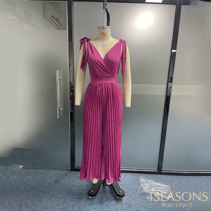Ellafads Women Jumpsuit V Neck Sleeveless Tie Up Pleated Nipped Waist Backless Solid Sexy Fashion