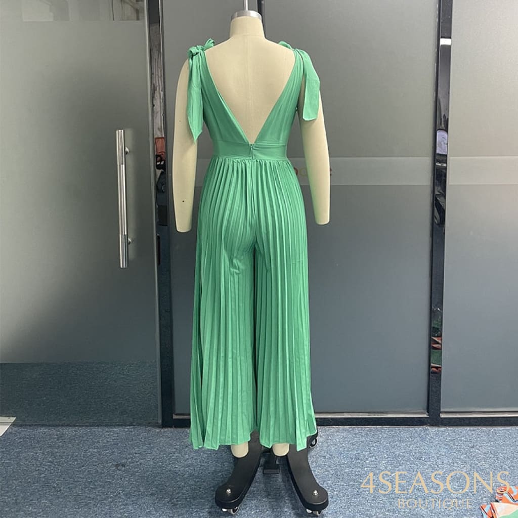 Ellafads Women Jumpsuit V Neck Sleeveless Tie Up Pleated Nipped Waist Backless Solid Sexy Fashion