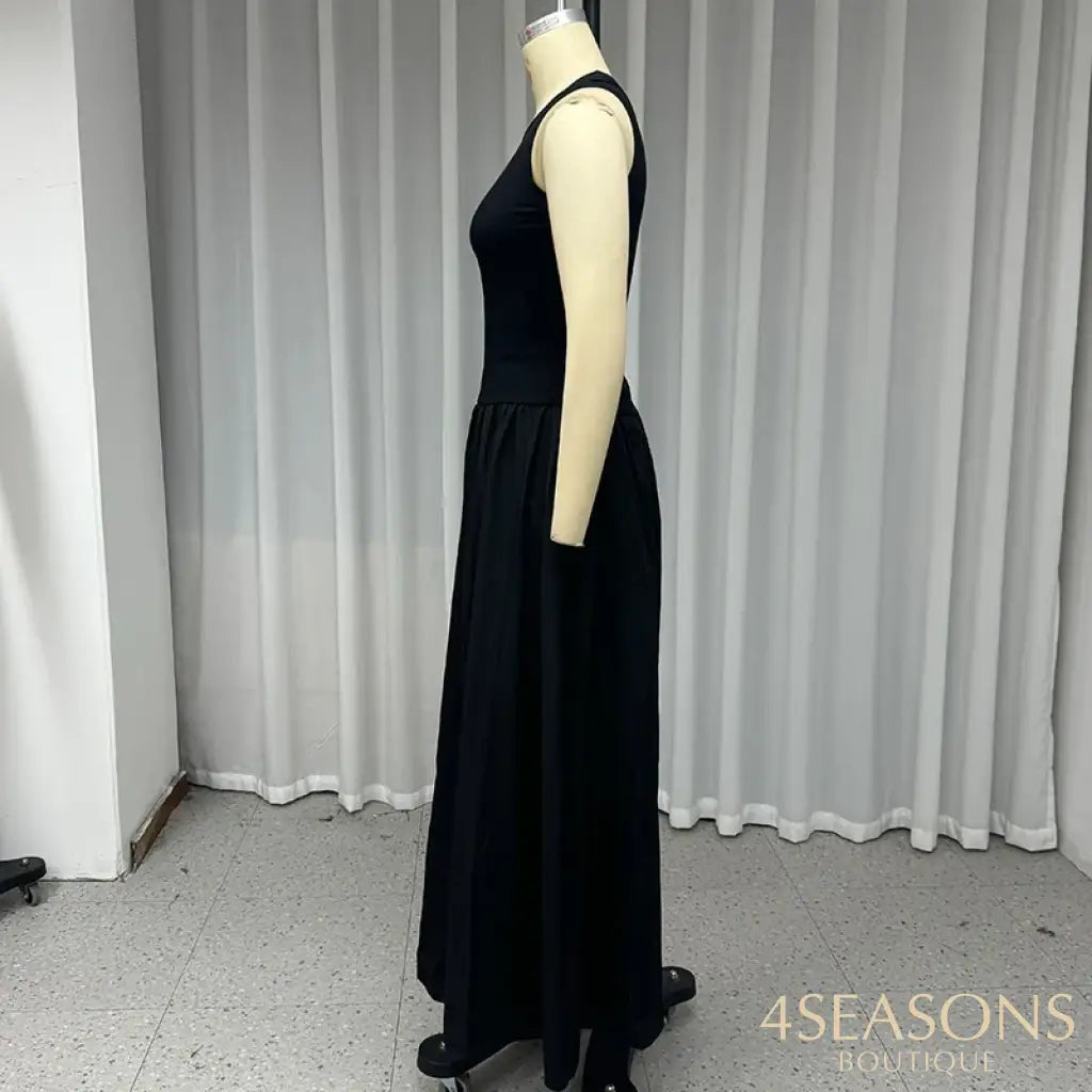 Ellafads Women Long Dress Casual Elegant Solid Round Neck Sleeveless Tank Nipped Waist Party Evening Black Long Dress