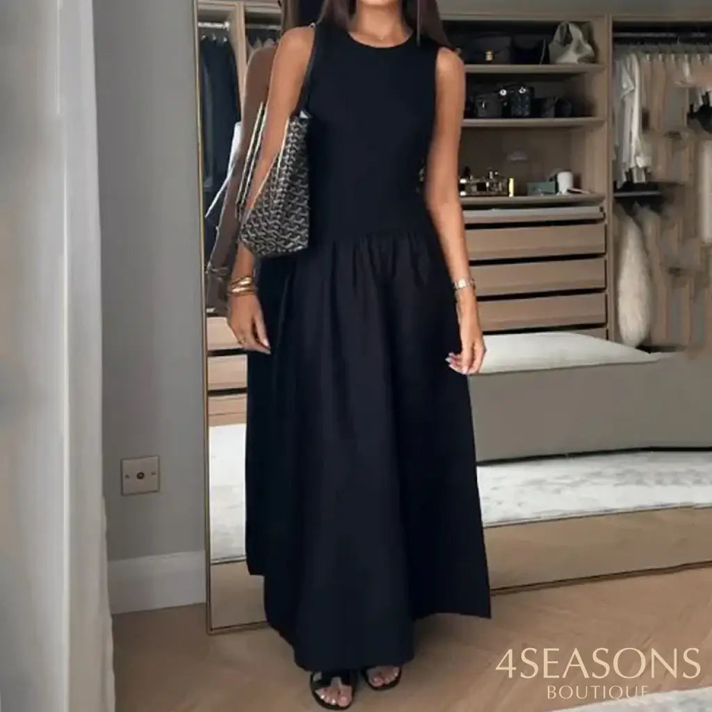 Ellafads Women Long Dress Casual Elegant Solid Round Neck Sleeveless Tank Nipped Waist Party Evening Black Long Dress