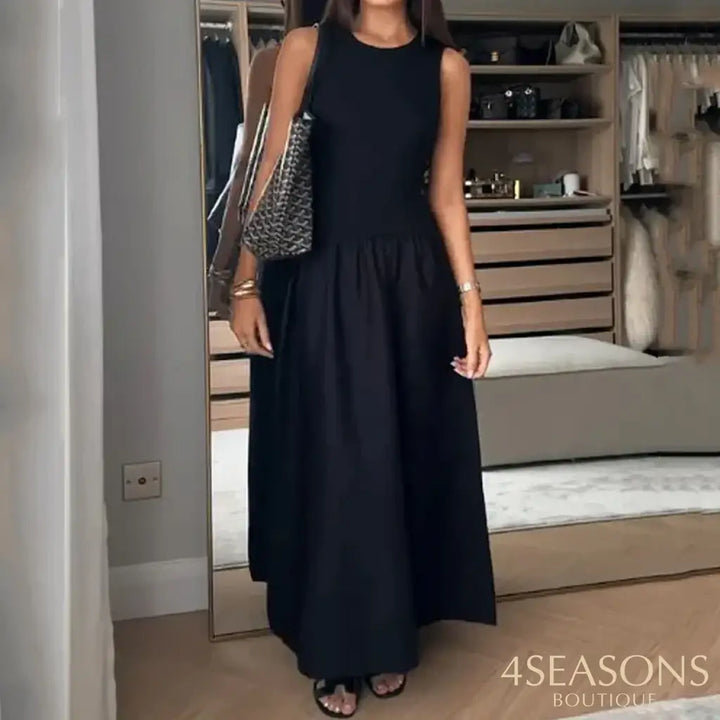 Ellafads Women Long Dress Casual Elegant Solid Round Neck Sleeveless Tank Nipped Waist Party Evening Black Long Dress