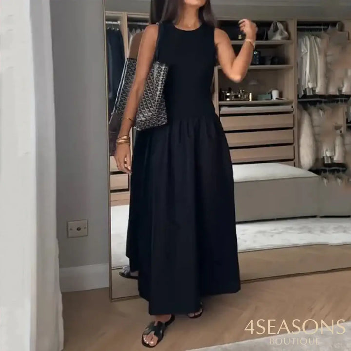 Ellafads Women Long Dress Casual Elegant Solid Round Neck Sleeveless Tank Nipped Waist Party Evening Black Long Dress