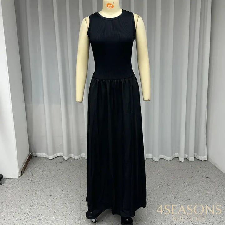 Ellafads Women Long Dress Casual Elegant Solid Round Neck Sleeveless Tank Nipped Waist Party Evening Black Long Dress