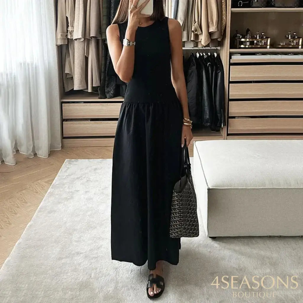 Ellafads Women Long Dress Casual Elegant Solid Round Neck Sleeveless Tank Nipped Waist Party Evening Black Long Dress