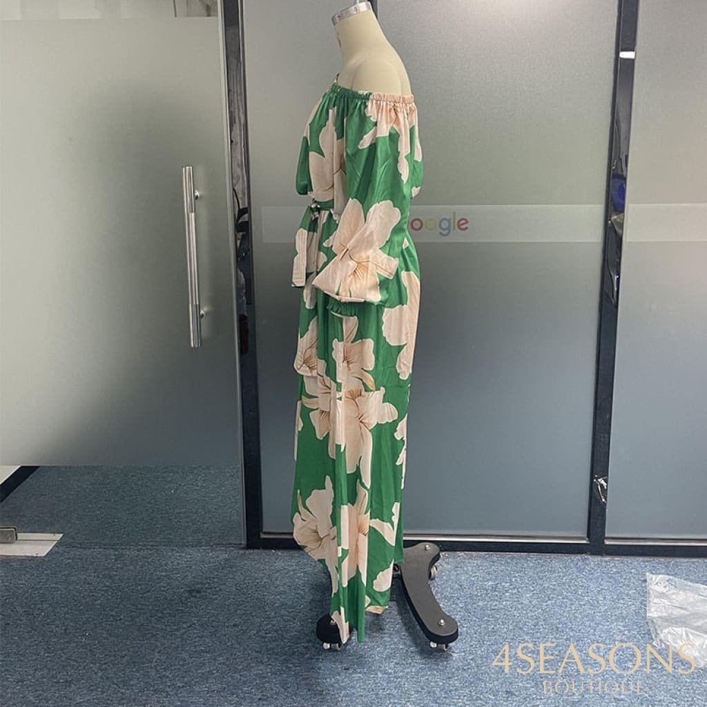 Ellafads Women Maxi Dress Fashion Casual Floral Print Lantern Long Sleeve Lace Up Sloping Shoulders