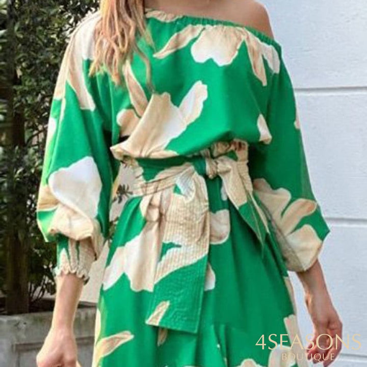 Ellafads Women Maxi Dress Fashion Casual Floral Print Lantern Long Sleeve Lace Up Sloping Shoulders