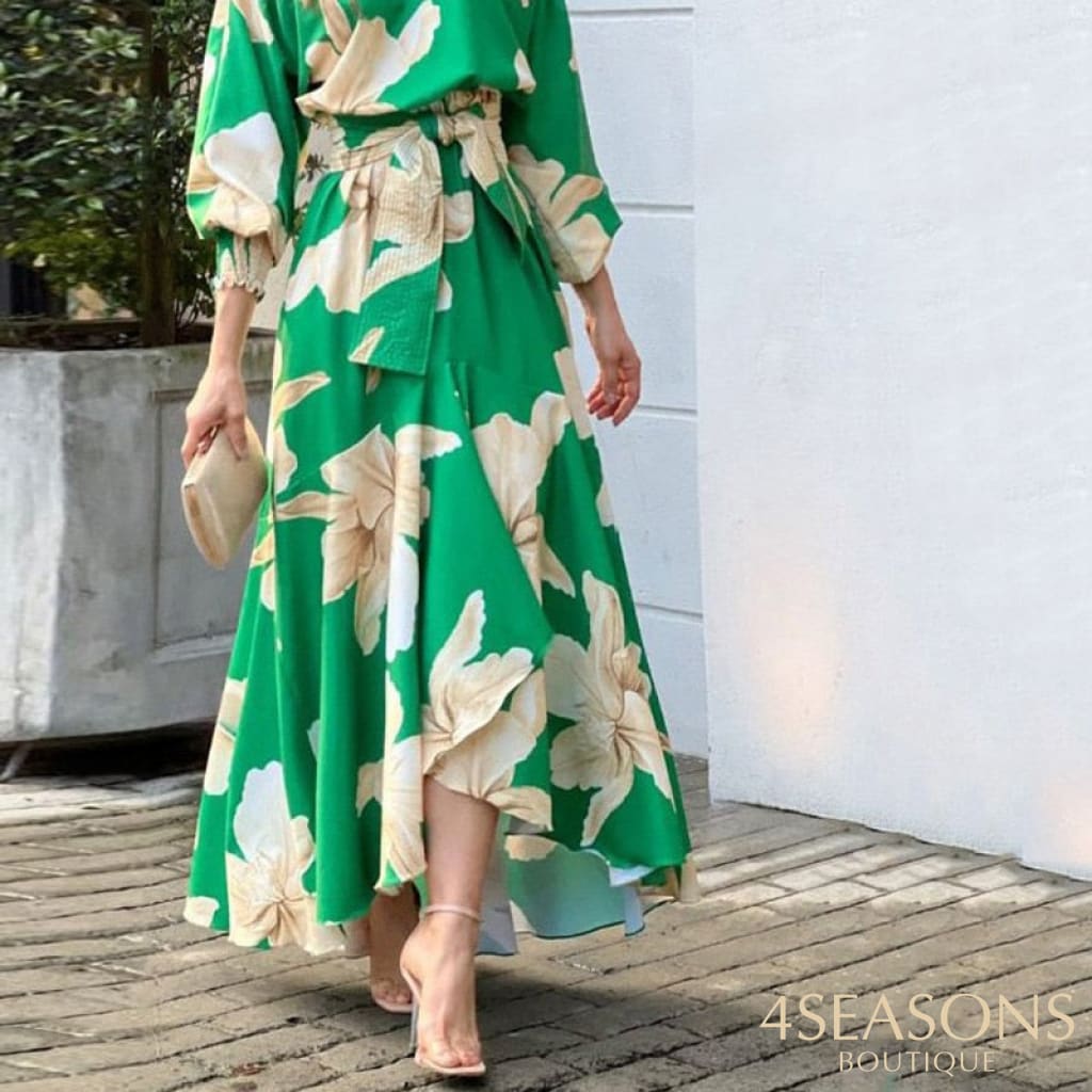 Ellafads Women Maxi Dress Fashion Casual Floral Print Lantern Long Sleeve Lace Up Sloping Shoulders