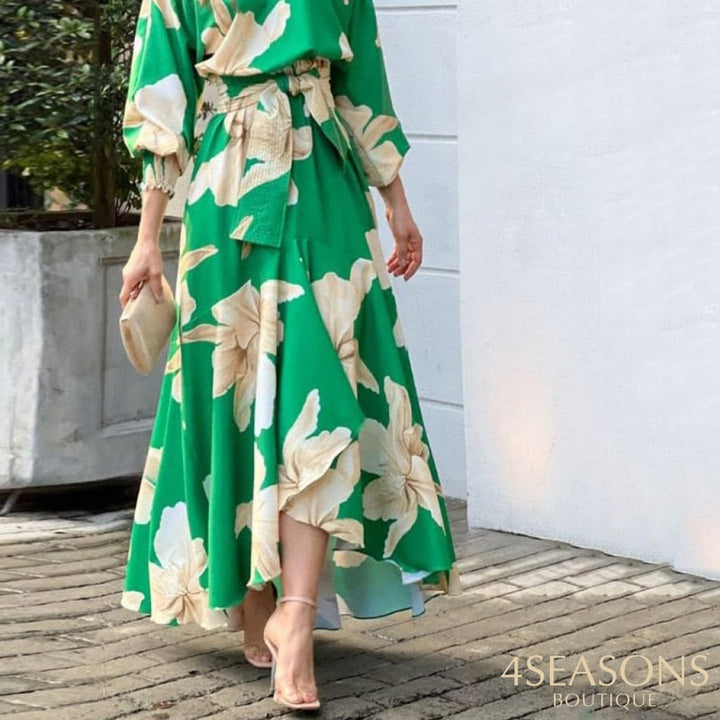 Ellafads Women Maxi Dress Fashion Casual Floral Print Lantern Long Sleeve Lace Up Sloping Shoulders