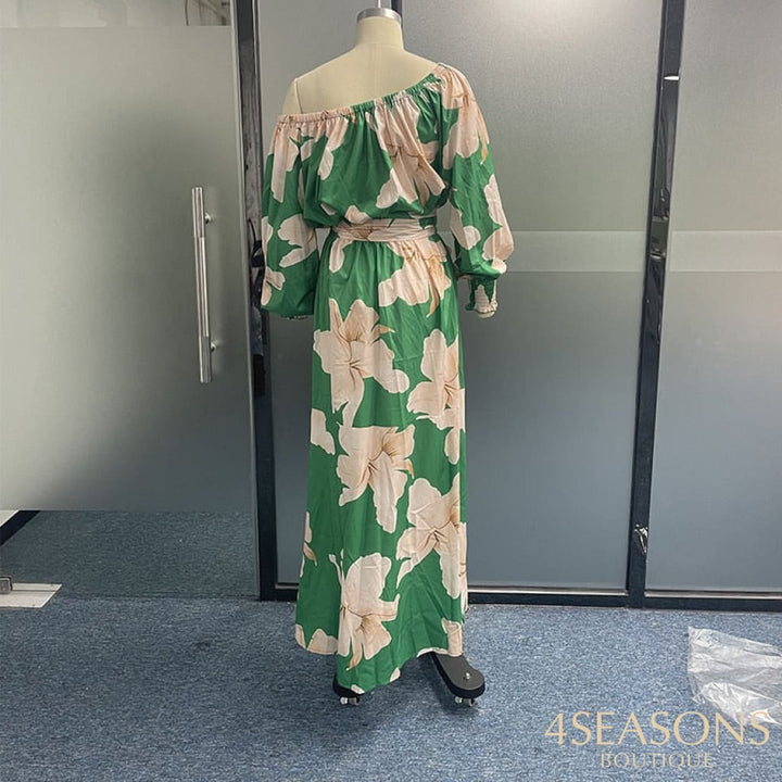 Ellafads Women Maxi Dress Fashion Casual Floral Print Lantern Long Sleeve Lace Up Sloping Shoulders