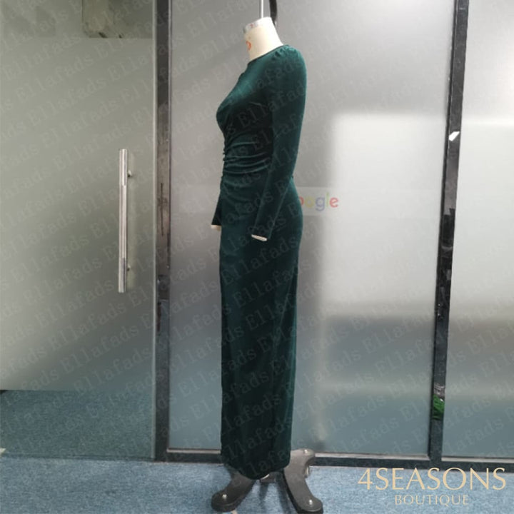 Ellafads Women Maxi Dress Fashion Crew Solid Long Sleeve Pleated Slit Slim Nipped Waist Party