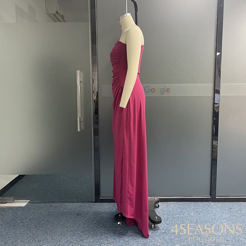 Ellafads Women Maxi Dress Fashion Solid One Shoulder Long Sleeve Nipped Waist Slit Evening Party