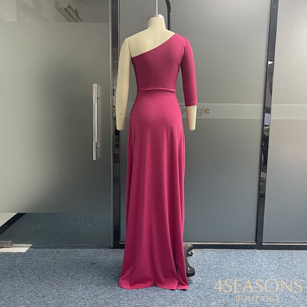 Ellafads Women Maxi Dress Fashion Solid One Shoulder Long Sleeve Nipped Waist Slit Evening Party