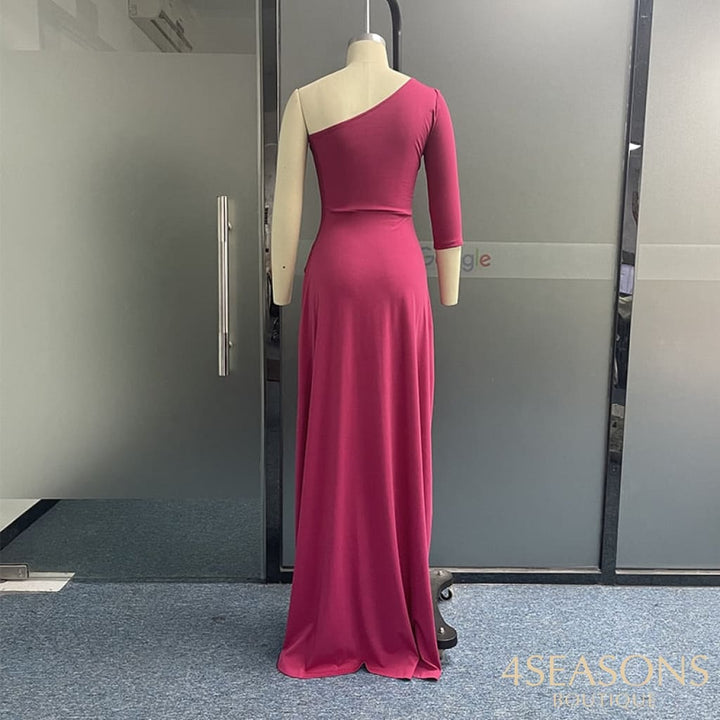 Ellafads Women Maxi Dress Fashion Solid One Shoulder Long Sleeve Nipped Waist Slit Evening Party