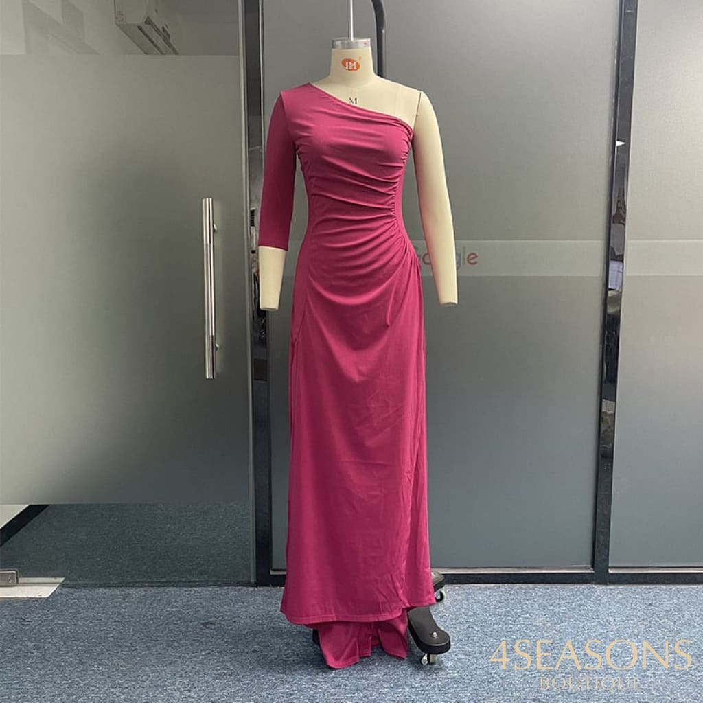 Ellafads Women Maxi Dress Fashion Solid One Shoulder Long Sleeve Nipped Waist Slit Evening Party