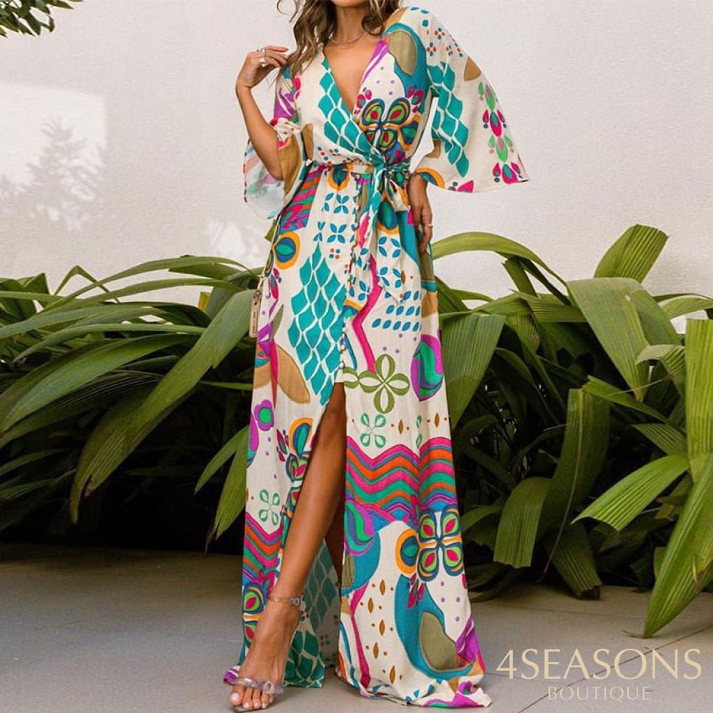 Ellafads Women Maxi Dress Fashion V Neck Half Sleeve Retro Print Lace Up Single Row Button Beach