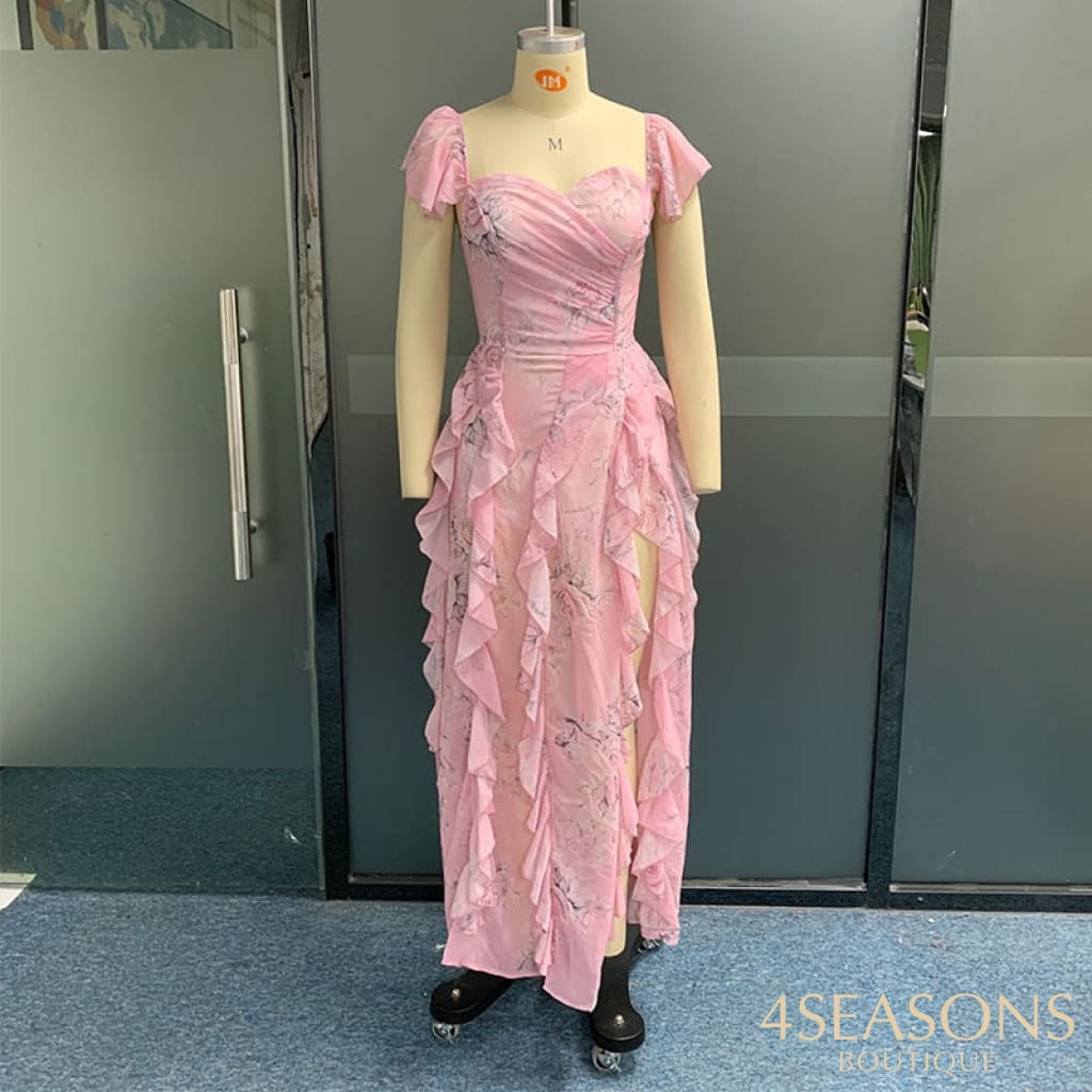 Ellafads Women Maxi Dress Summer Chic Luxury Floral Printed V Neck Slim Nipped Waist Backless Slit