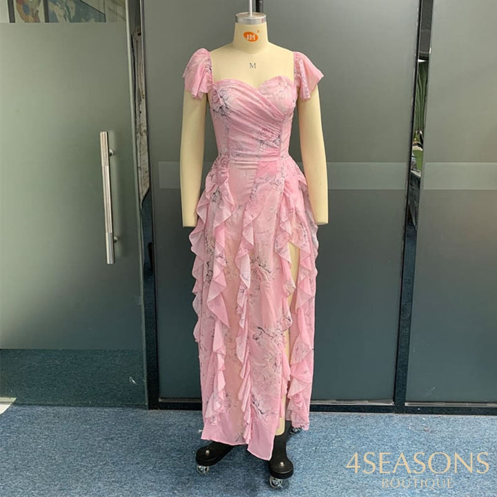 Ellafads Women Maxi Dress Summer Chic Luxury Floral Printed V Neck Slim Nipped Waist Backless Slit