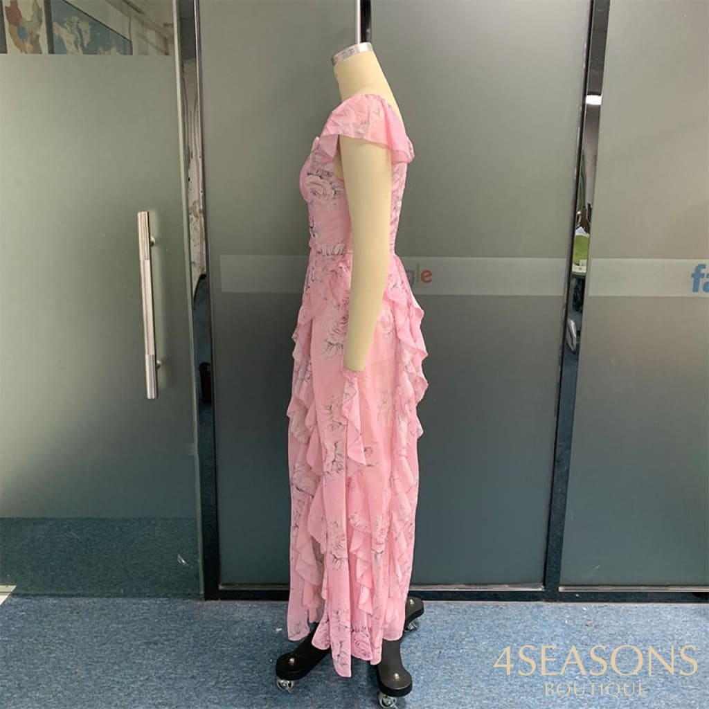 Ellafads Women Maxi Dress Summer Chic Luxury Floral Printed V Neck Slim Nipped Waist Backless Slit