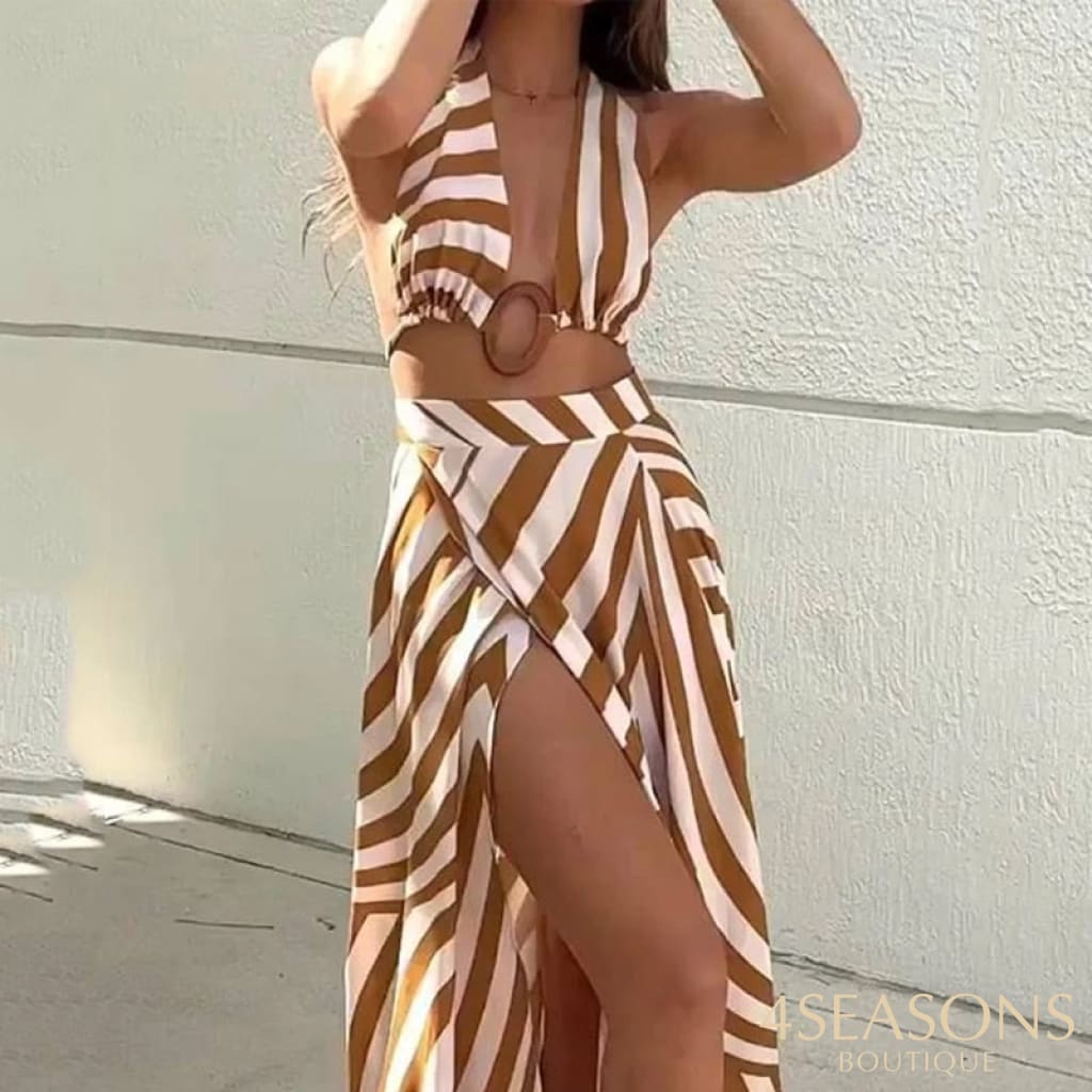 Ellafads Women Maxi Dress Summer Striped Print Halter Sleeveless Open Waist Lace Up Slit Holiday