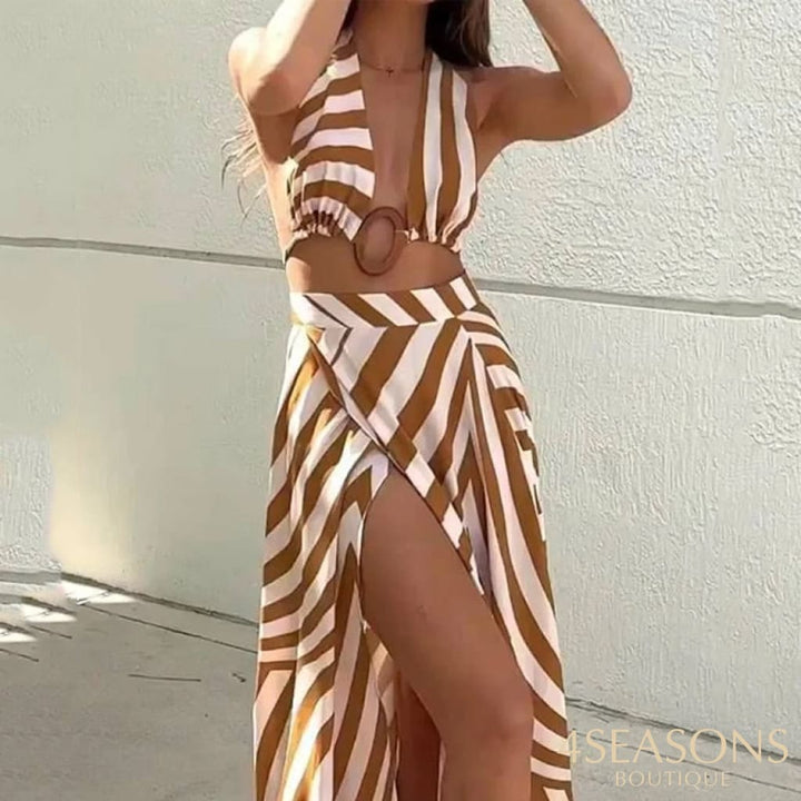 Ellafads Women Maxi Dress Summer Striped Print Halter Sleeveless Open Waist Lace Up Slit Holiday