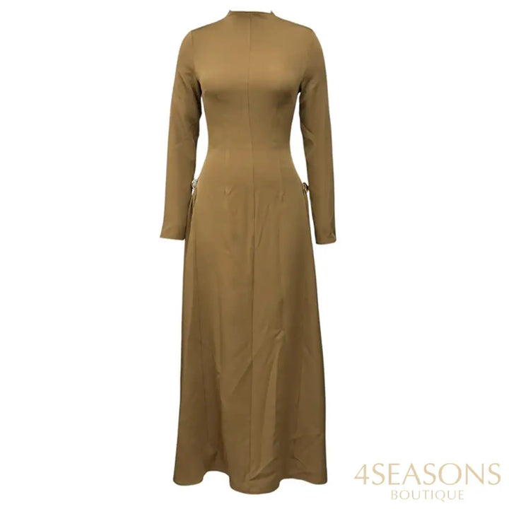 Ellafads Women’s Clothes Maxi Dress Casual Simple Long Sleeve Round Neck Solid Nipped Waist Dresses For Female