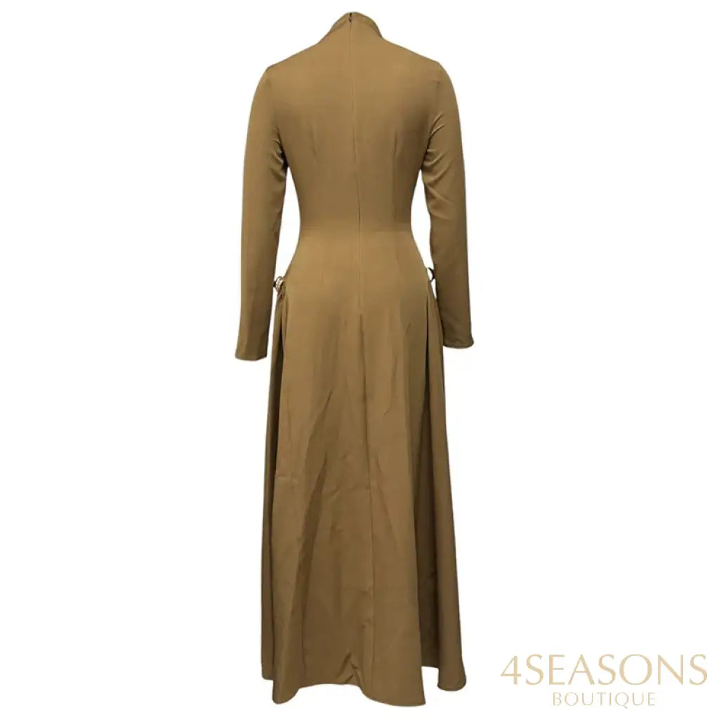 Ellafads Women’s Clothes Maxi Dress Casual Simple Long Sleeve Round Neck Solid Nipped Waist Dresses For Female